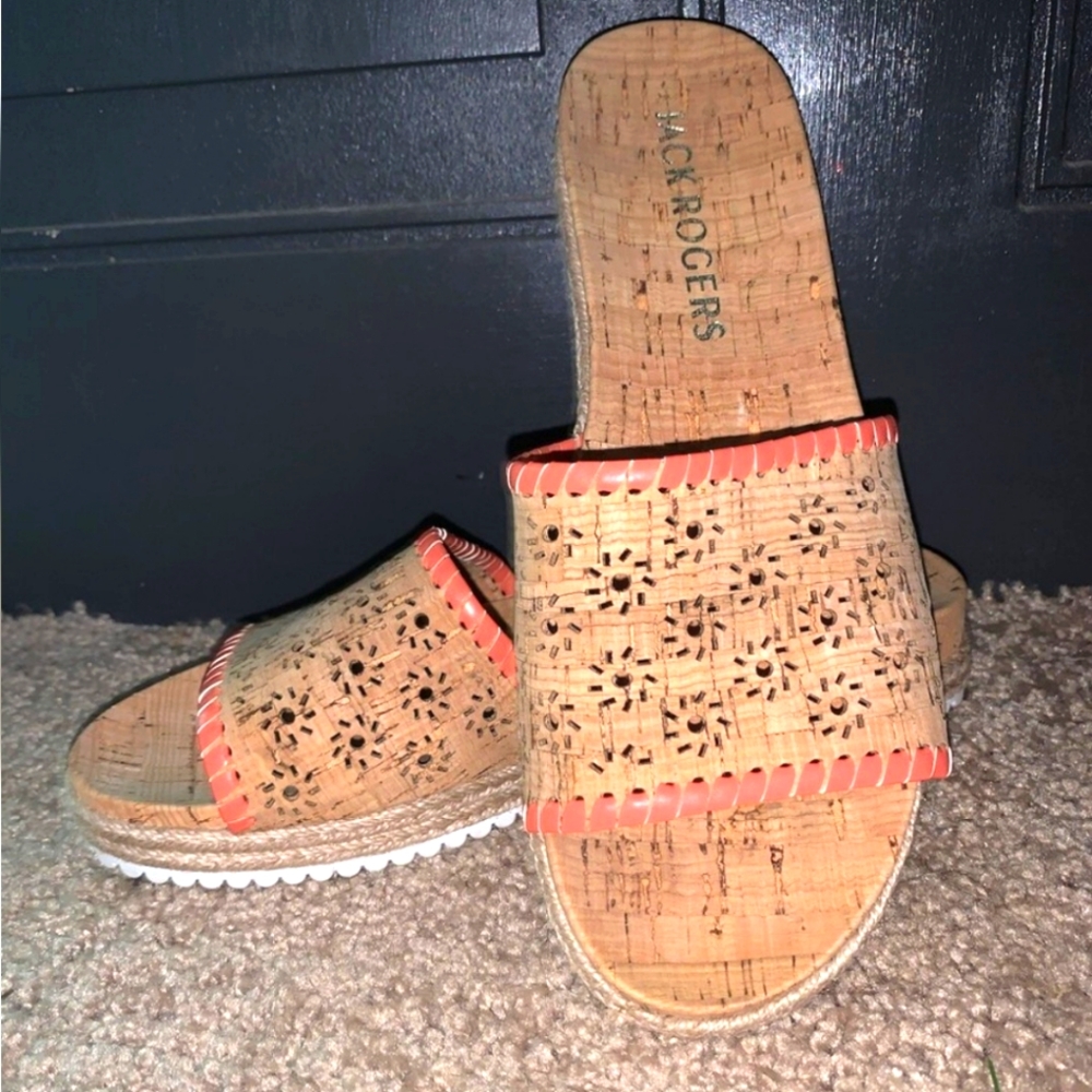 Cork Jack Rogers Orange Tan Sandals with Floral Cutout